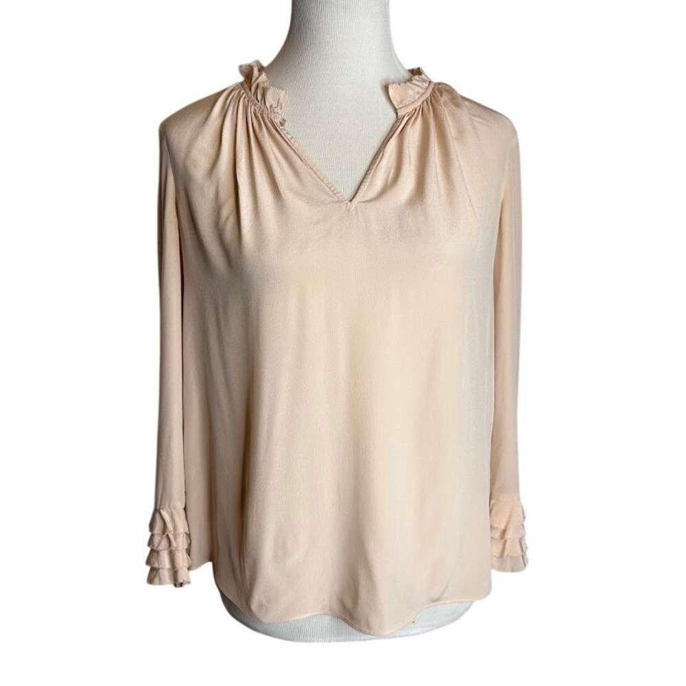 Rebecca Taylor Silk Blouse Pink Ruffle Neck Tiered Cuff Top Size 4